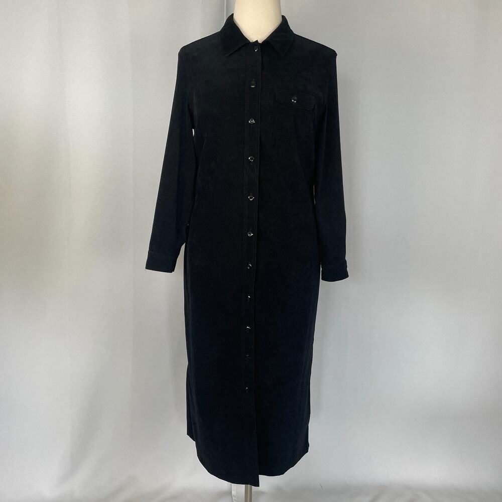 Vintage Maxi Dress Size 16 Black Solid Shirt Button Faux Suede Minimal Goth